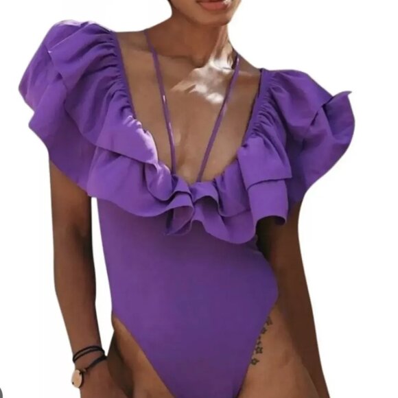 Zara Purple Frill One Piece Plunge Swimsuit Body Suit Swimming Costume S BNWT - Picture 4 of 11